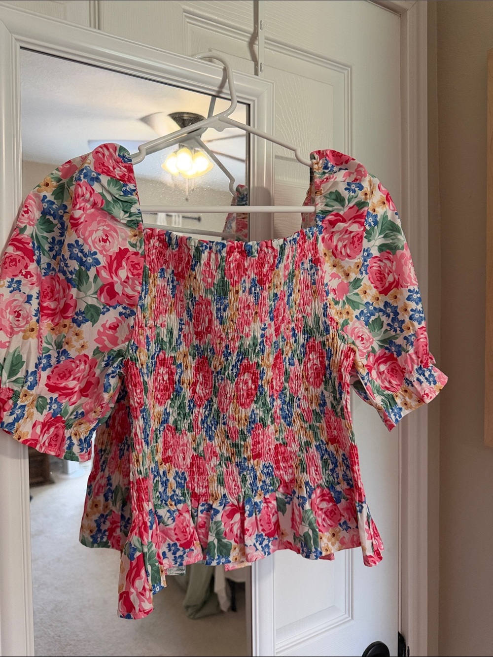 SHEIN Pink Multicolor Floral Smocked Puff-Sleeve Blouse